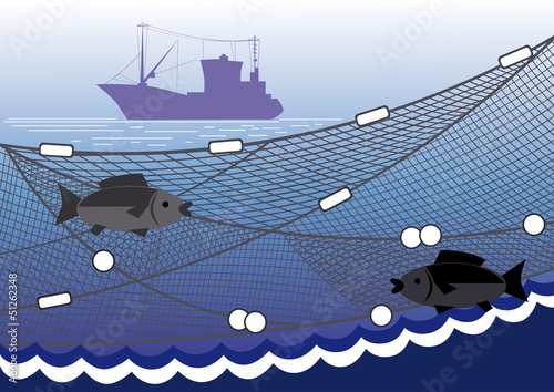 Silhouette of seiner, fishing nets, two fish against the sea.