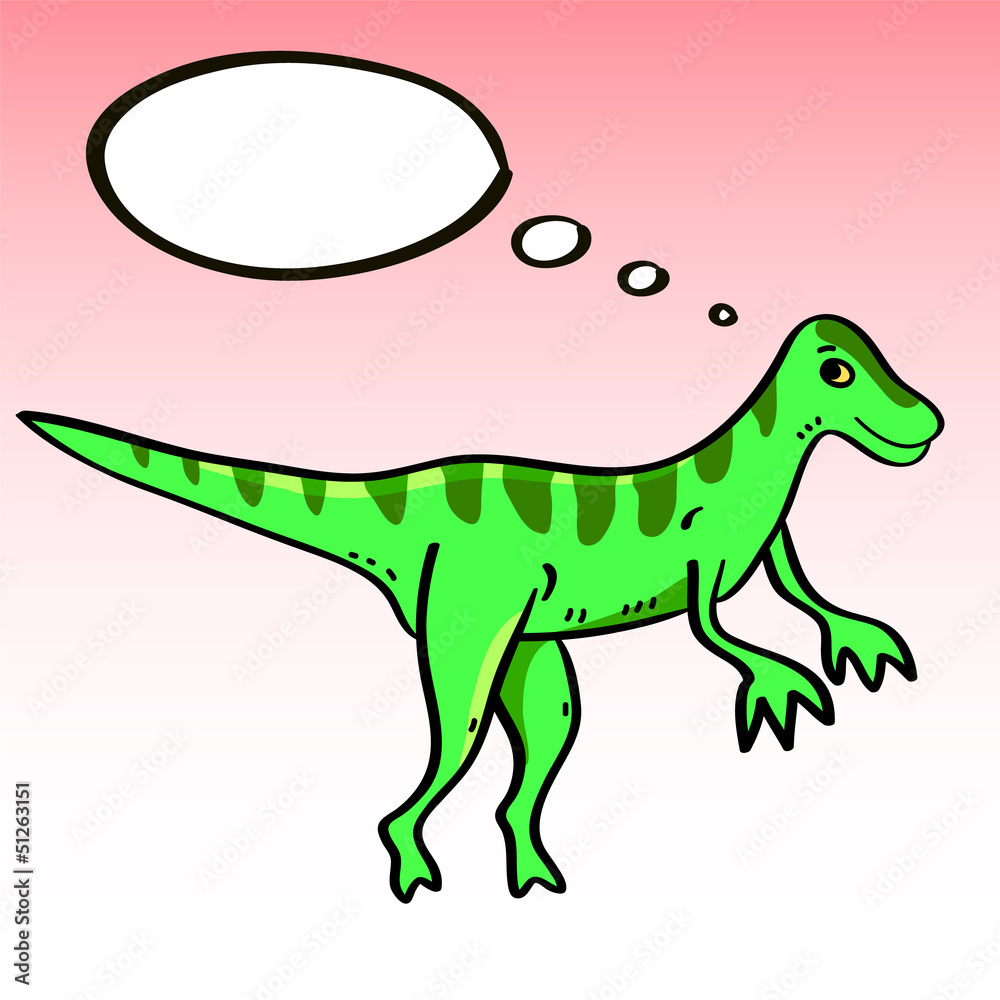 Obraz premium Cute cartoon dinosaur character with a speech bubble, vector