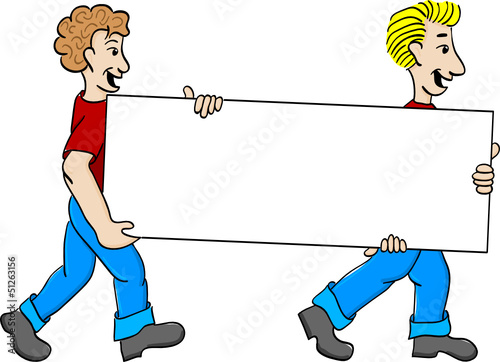 zwei Männer tragen ein Schild zum Beschriften