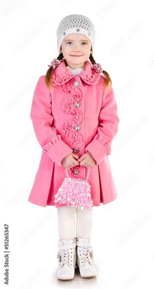 Smiling cute little girl in coat isolated Smiling cute little girl in coat isolated