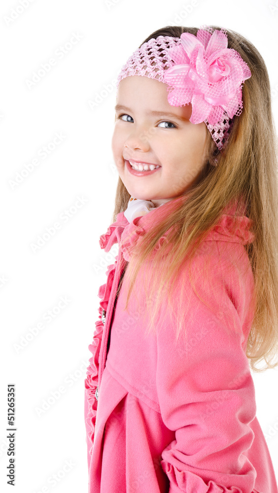Smiling cute little girl in coat isolated Smiling cute little girl in coat isolated
