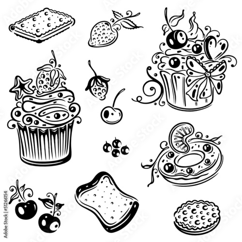 Geburtstag, Kaffee, Kuchen, Früchte, vector set