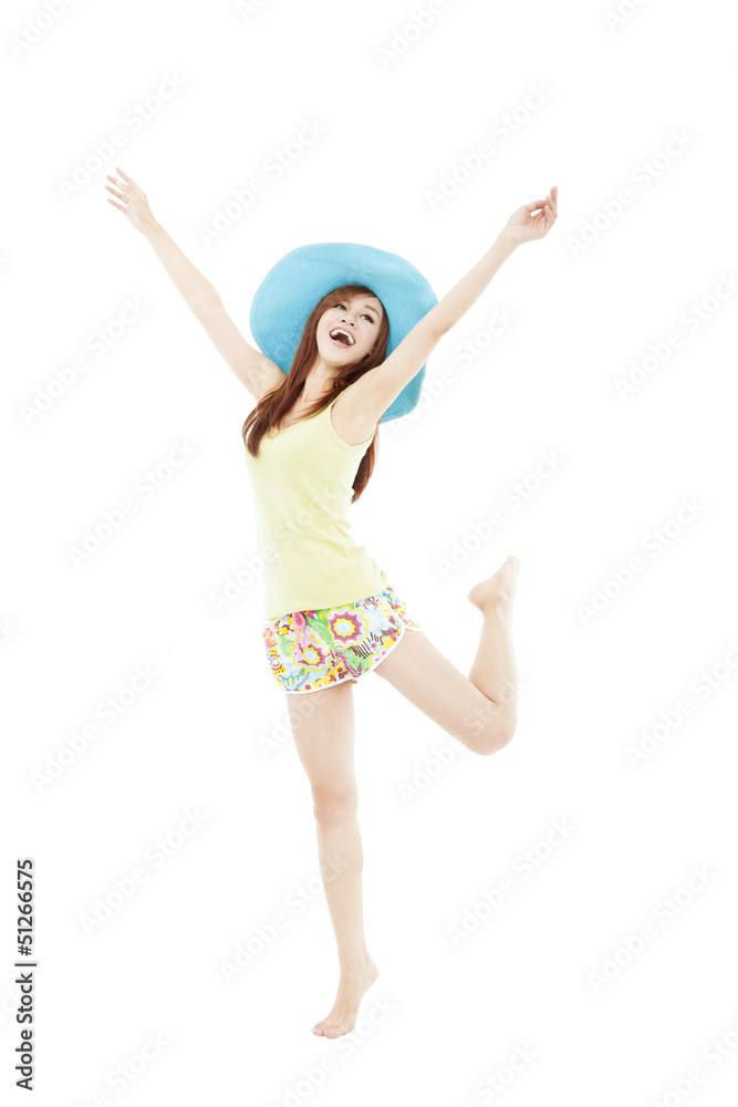 happy young woman dancing in summer during vacation isolated on happy young woman dancing in summer during vacation isolated on