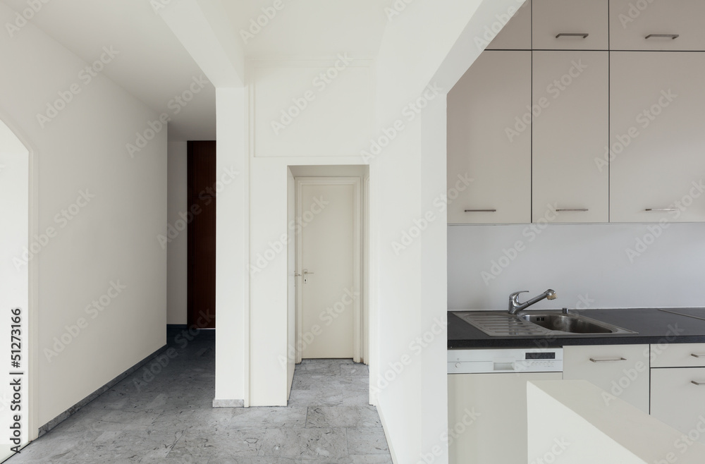 White apartment Interior, view of the kitchen, detail White apartment Interior, view of the kitchen, detail