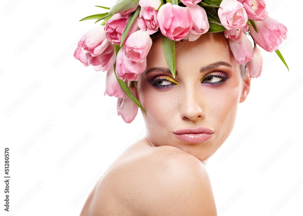 beauty woman portrait with wreath from flowers on head over whit beauty woman portrait with wreath from flowers on head over whit
