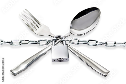 "The spoon and fork with a chain and padlock on a white ."