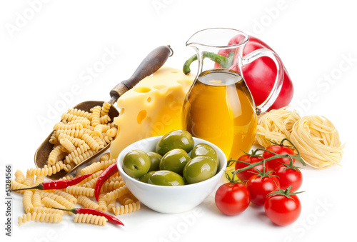 Pasta ingredients isolated on white