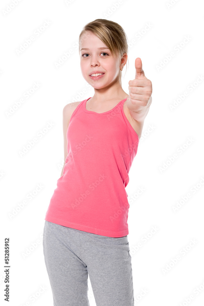 Happy girl shows thumb OK. Winning in sports. Happy girl shows thumb OK. Winning in sports.