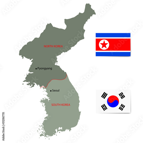 North and South Korea vector map with flags