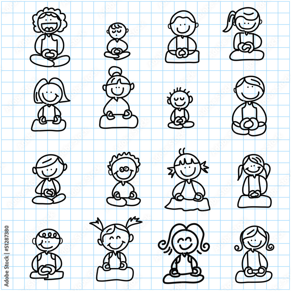 hand drawing cartoon happy people meditation on graph paper