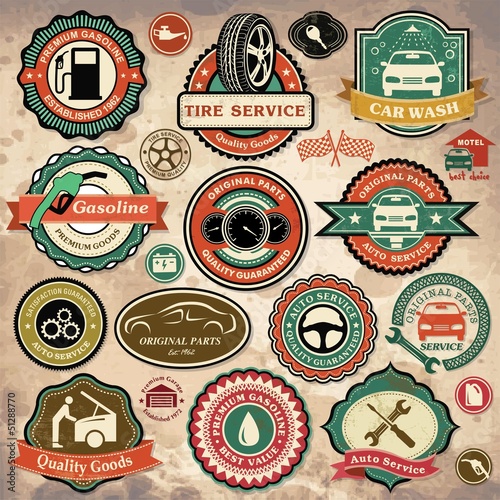 Collection of retro car labels, badges and icons