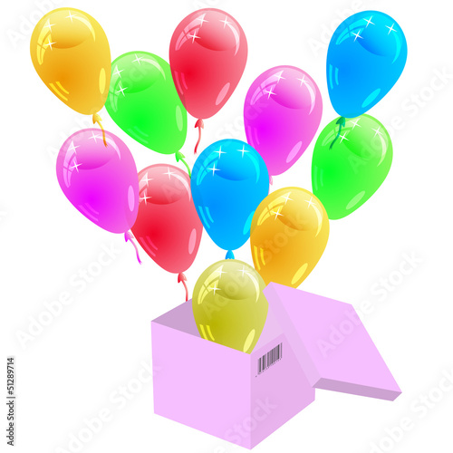 Glossy multicolored balloons flying out of the cardboard box. Ve