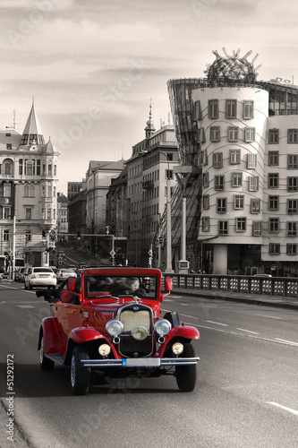 Red beautiful vintage cars in Prague