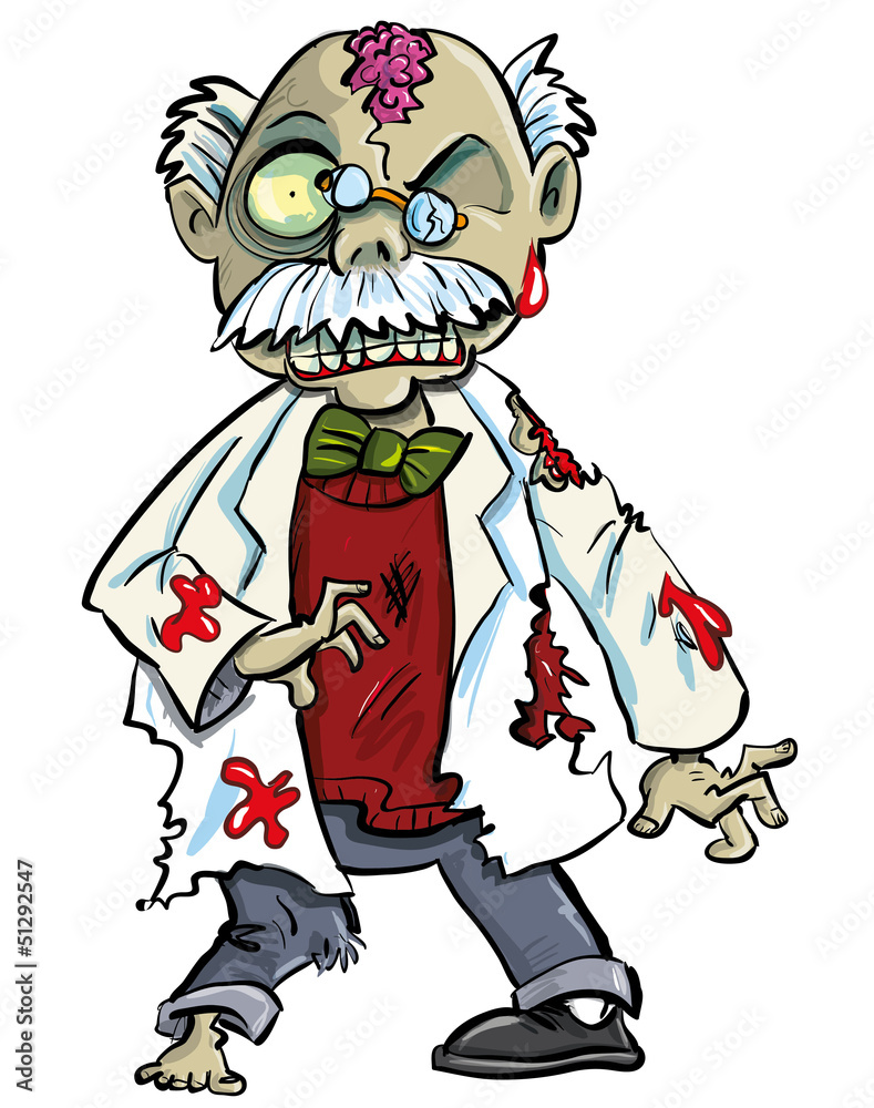 Cartoon zombie scientist with brains showing. Isolated on white Cartoon zombie scientist with brains showing. Isolated on white