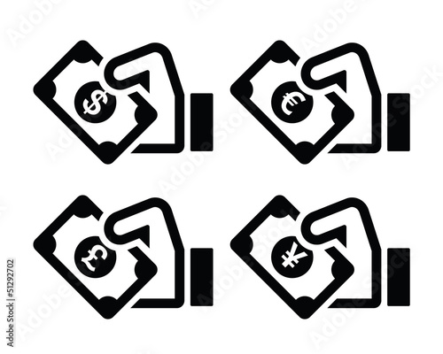 Hand with money icon - dollar, euro, yen, pound