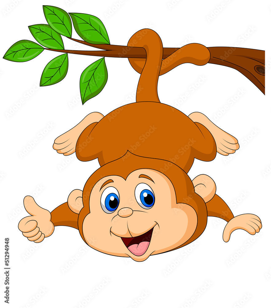 Fototapeta premium Cute monkey hanging on a tree branch with thumb up