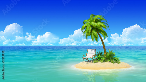 Slika na platnu Chaise lounge and palm tree on tropical island.