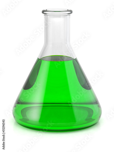 Chemical laboratory flask with green liquid isolated on white