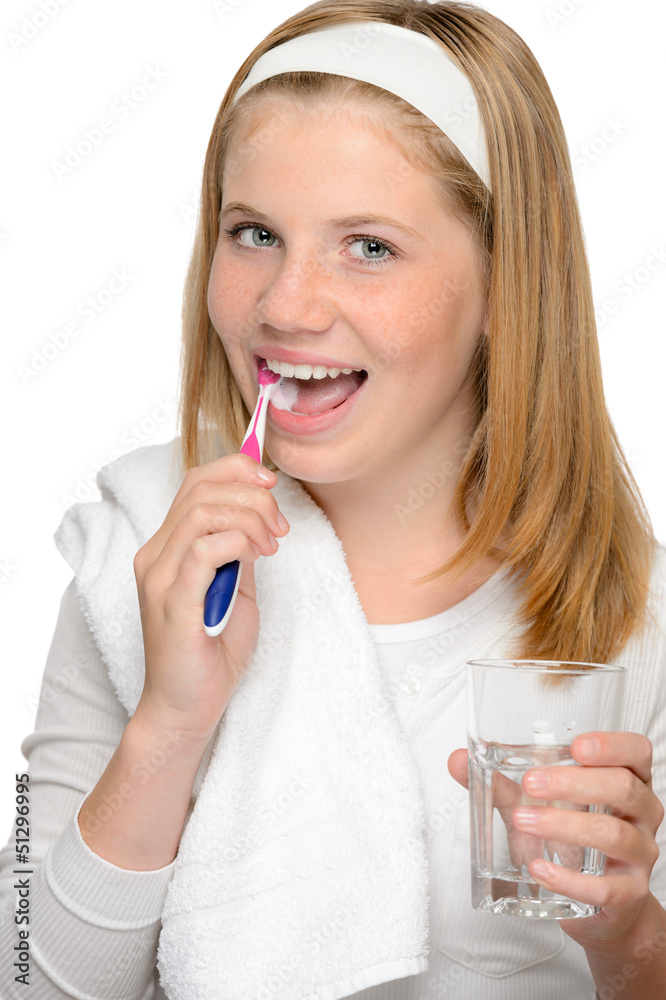 Happy teenage girl brushing teeth toothbrush dental Happy teenage girl brushing teeth toothbrush dental