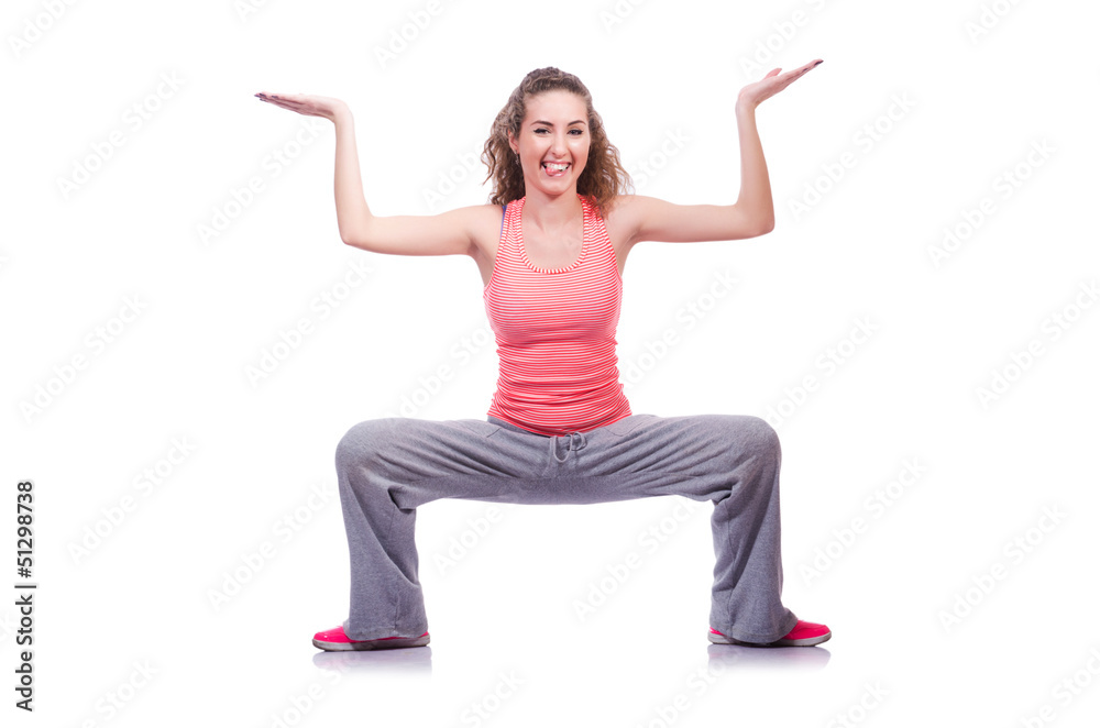 Young female doing exercises on white Young female doing exercises on white