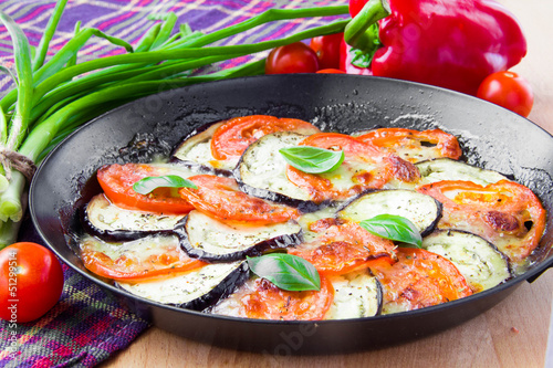 Grilled Italian appetizer of vegetables, mozzarella and basil