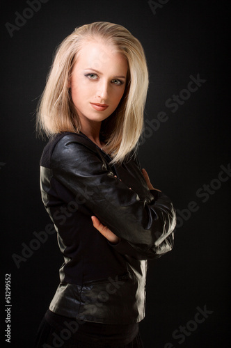 blonde in leather jacket