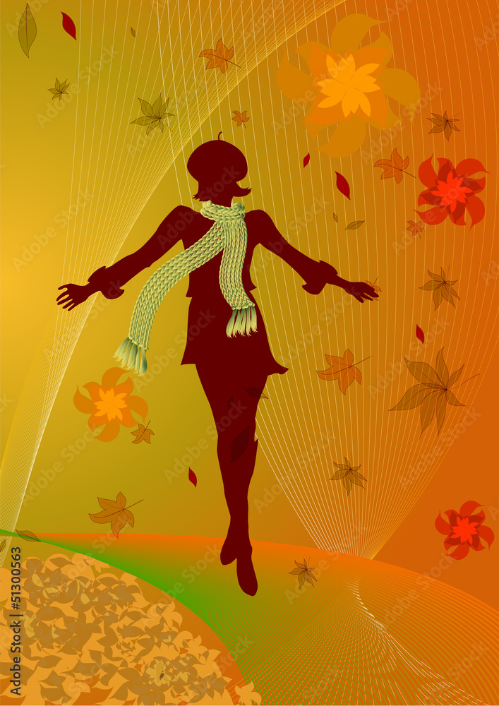 Autumn background with silhouette of women