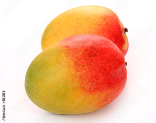 two mango fruit over white