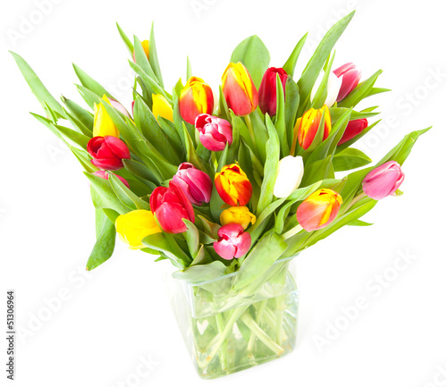 Wallpaper Mural Colorful tulips in a glass vase isolated on a white background Torontodigital.ca