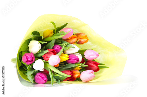Obraz na płótnie Colorful tulips wrapped in giftpaper isolated on a white backgro w salonie