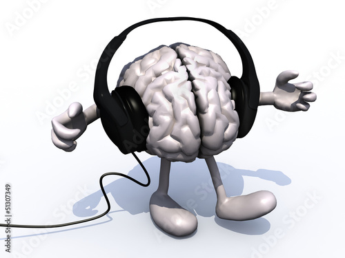 headphones on a big brain with arms and legs