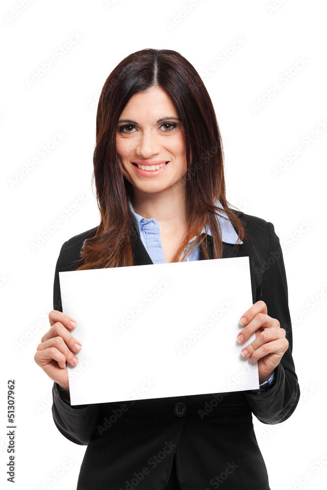 Businesswoman holding a blank card isolated on white Businesswoman holding a blank card isolated on white