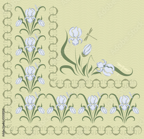 background ornamented with blue irises