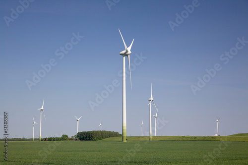 wind Trurbines in blue sky and green grass