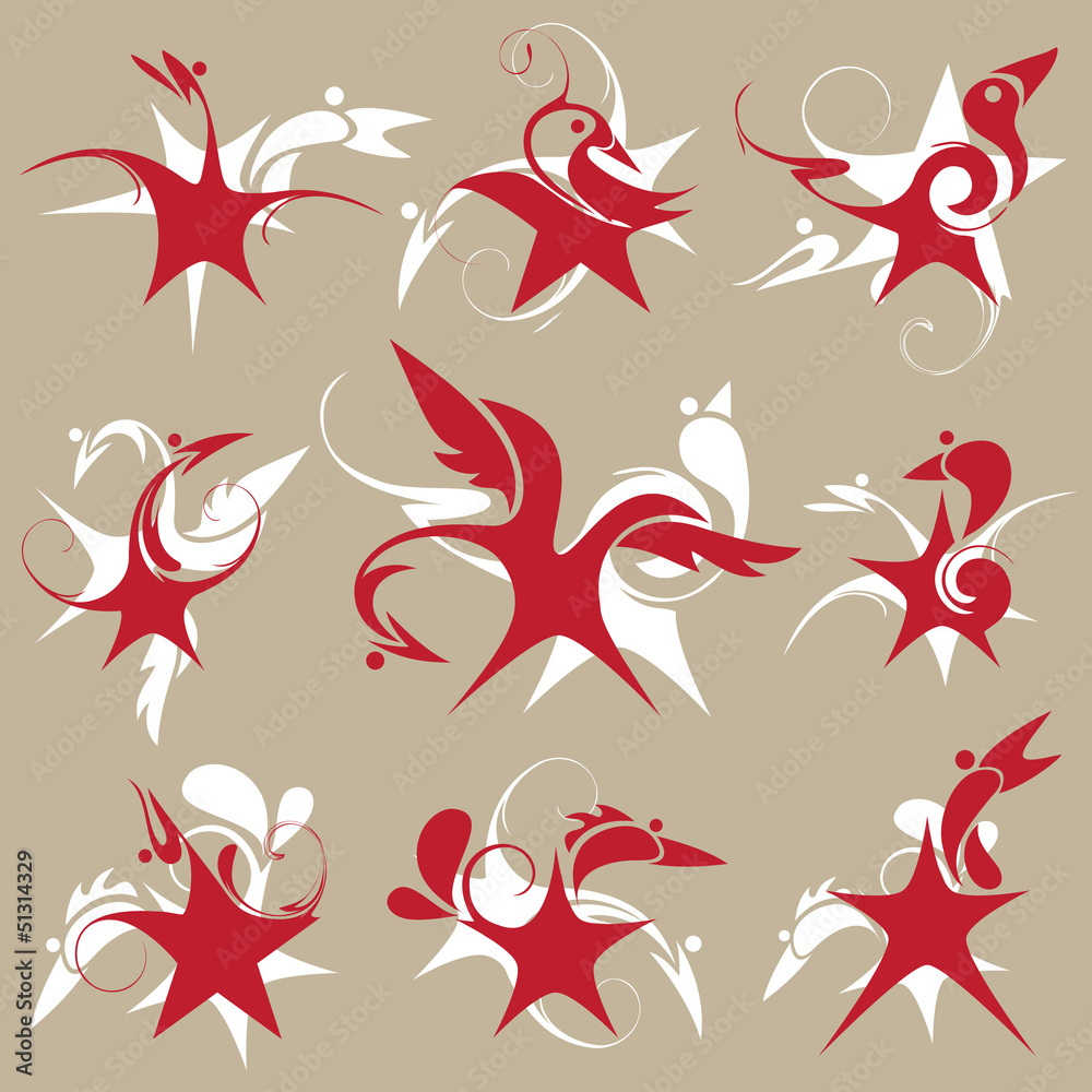 stylized birds, star-bird, set of emblem