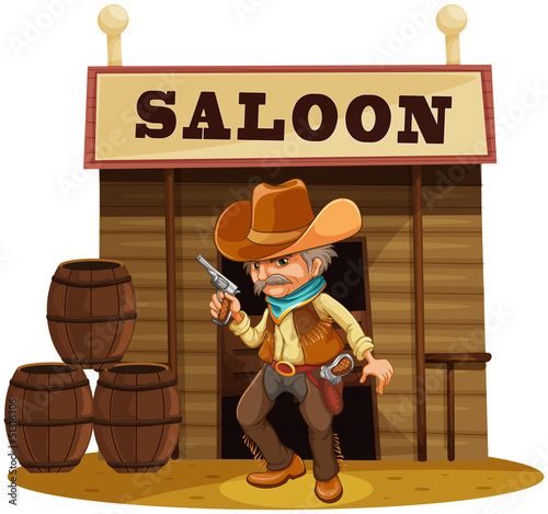 A man holding a gun in front of a saloon bar
