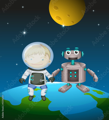 An astronaut beside a robot in the outer space