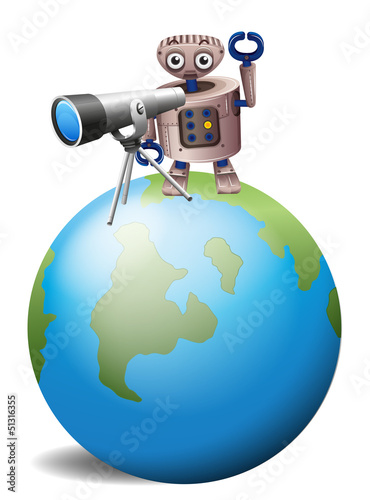 A robot with a telescope above a globe