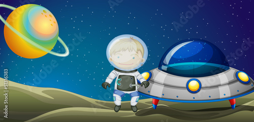 A young explorer beside the spaceship