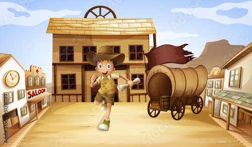 A boy running with a scrolled paper
