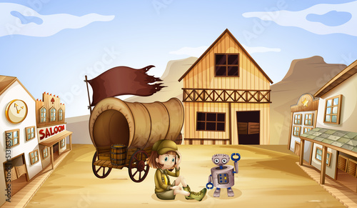A robot and a girl beside a wagon