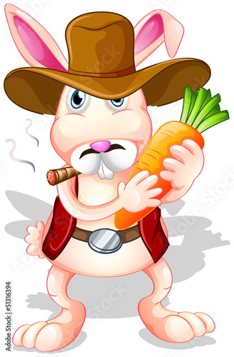 A rabbit holding a carrot with a hat and a cigarette