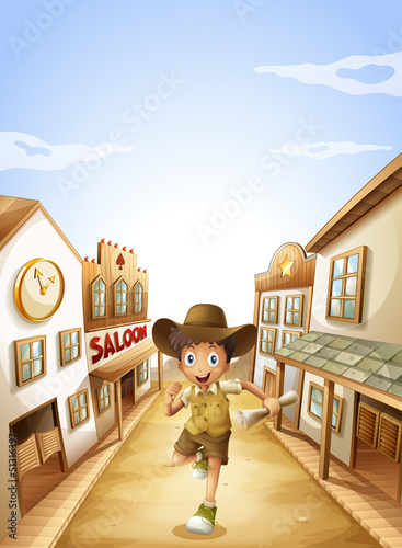 A boy holding a paper while running