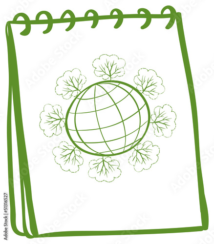 A notebook with a sketch of a globe