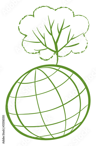 A green tree at the top of a globe