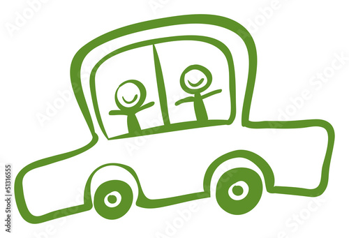 A green car with two kids riding