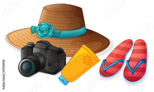 A camera, a hat, a lotion and a pair of slippers