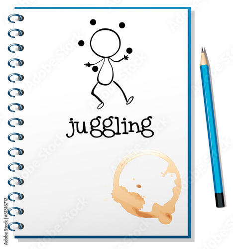 A notebook with a sketch of a boy juggling