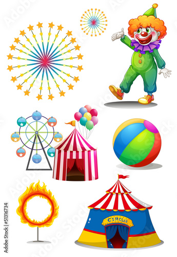 A clown with the different things in a carnival
