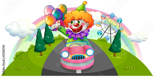 A happy clown riding in a pink car